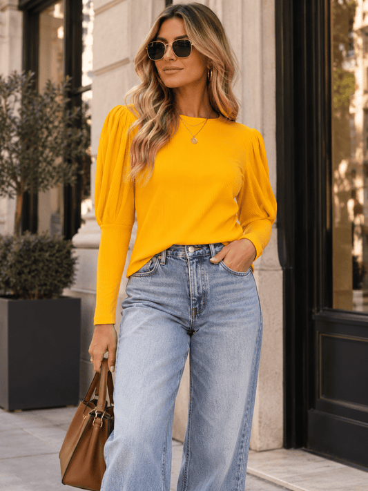 Blusa acanalada de manga larga abullonada para mujer