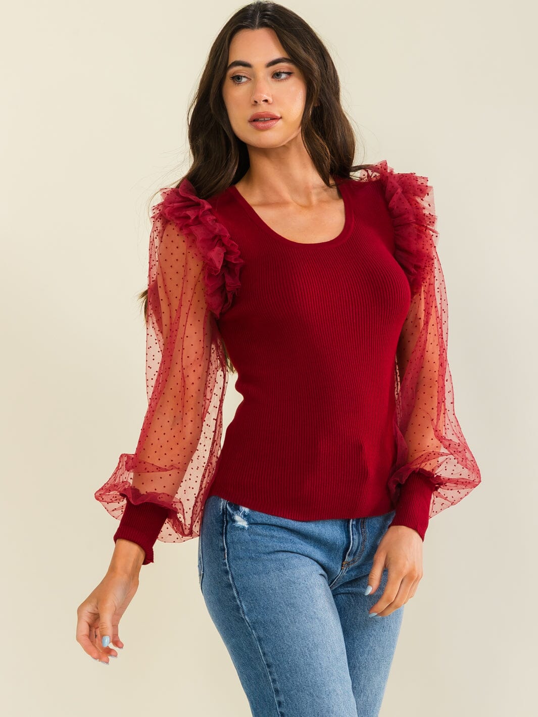 Blusa de contraste de malla con volantes de manga larga para mujer Entro