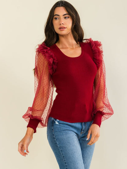 Blusa de contraste de malla con volantes de manga larga para mujer Entro