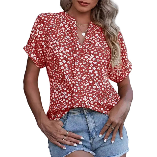 Camisa casual Camisa floral pequeña de manga corta con cuello en V plisada