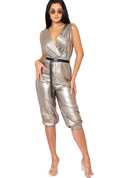 METALLIC FOIL WINDBREAKER / SURPLICE TOP / ELASTIC WAIST BAND / BUCKLE DETAIL...